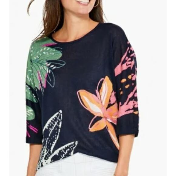 NIC+ZOE Evening Garden Sweater Womens Small Linen Modal Blend Lightweight Floral - Picture 1 of 11